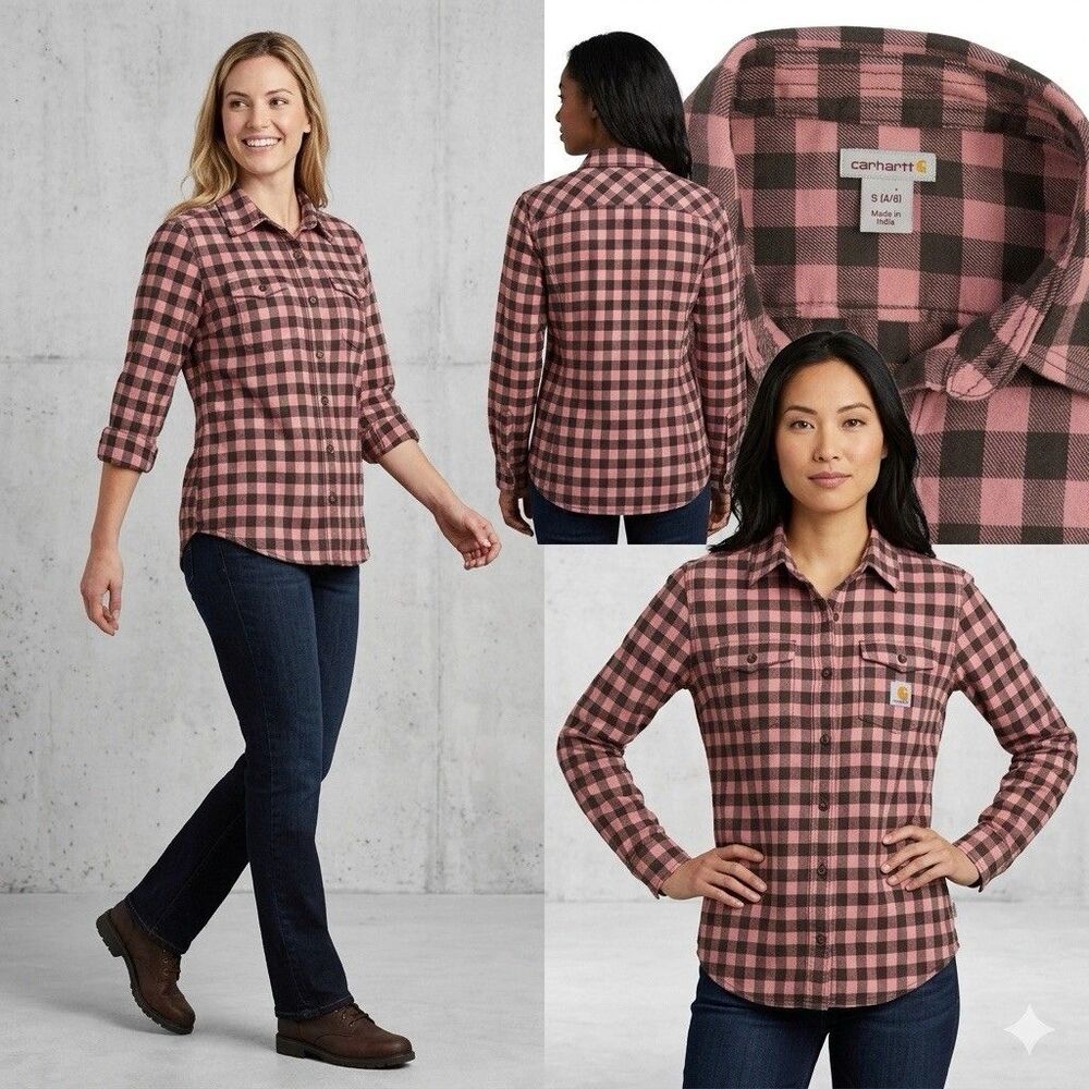 Carhartt Womens Pink Brown Flannel Shirt Gingham Plaid Button Up Size S (4/6)